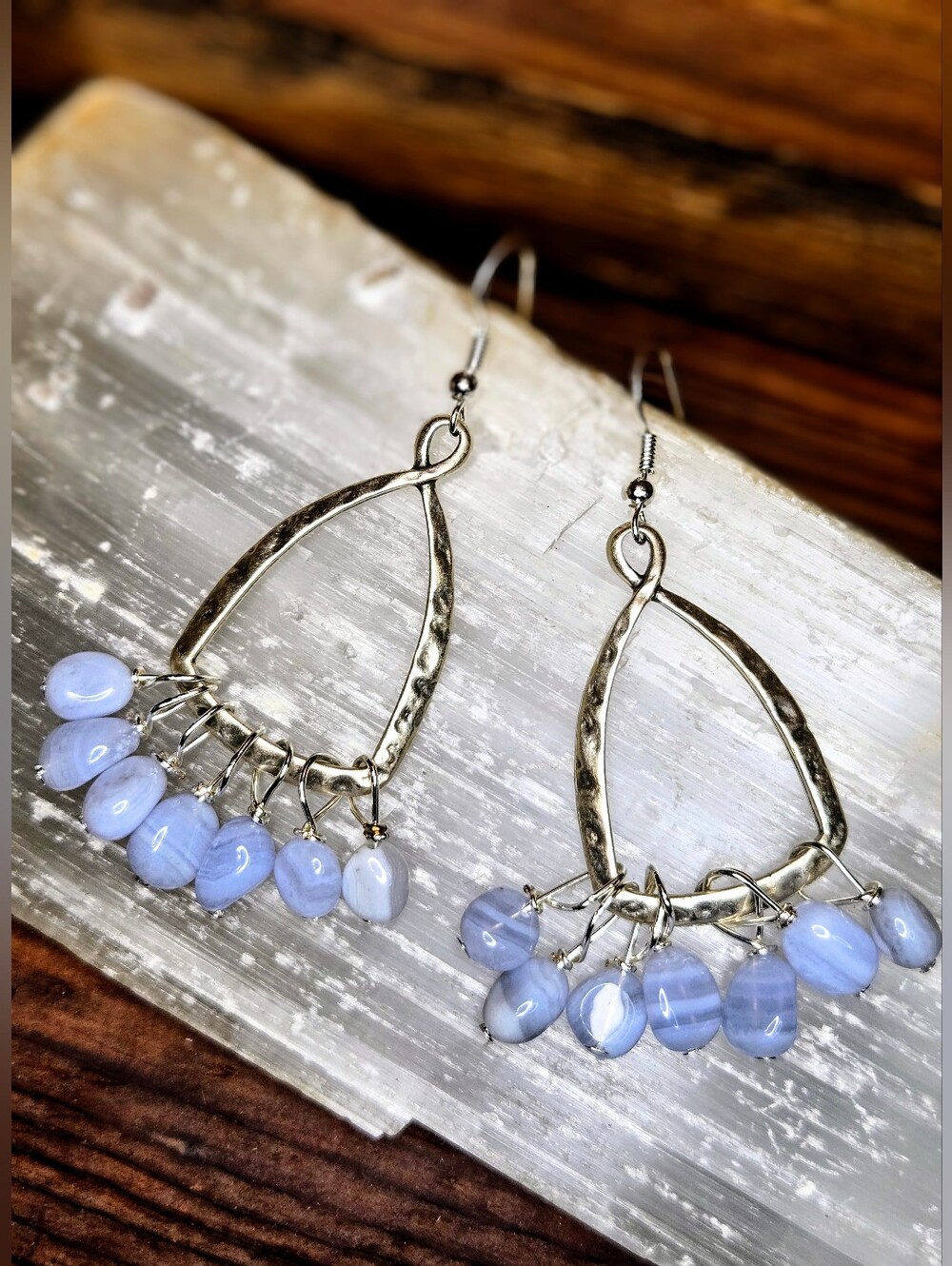 Natural Blue Lace Agate Chalcedony In Artisan Made Silver Sterling Earrings